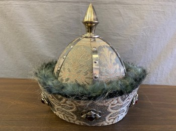 Mens, Historical Fiction Hat , N/L MTO, Gray, Silver, Beige, Dk Gray, Silk, Metallic/Metal, Floral, Solid, Rounded Helmet Like Shape, Gray Brocade, Silver Metal Structure with Protruding Point at Center of Crown, Gray Faux Fur Edging, Silver Brooches with Red Stones, Made To Order, 1000-1100's Asia