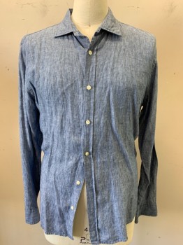 Mens, Casual Shirt, BLOOMINGDALES, Blue, Linen, Solid, Heathered, L, Button Front, Collar Attached, Long Sleeves, Has Been Altered for Slimness