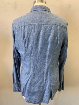Mens, Casual Shirt, BLOOMINGDALES, Blue, Linen, Solid, Heathered, L, Button Front, Collar Attached, Long Sleeves, Has Been Altered for Slimness