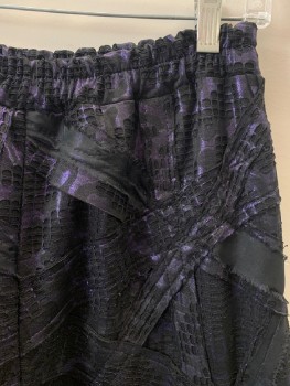Womens, Sci-Fi/Fantasy Pants, MTO, Black, Iridescent Purple, Synthetic, Abstract , Textured Fabric, W28, Elastic Waistband, Sheer Netting, Elastic Bands