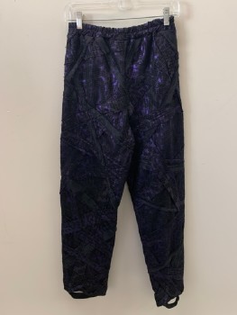 Womens, Sci-Fi/Fantasy Pants, MTO, Black, Iridescent Purple, Synthetic, Abstract , Textured Fabric, W28, Elastic Waistband, Sheer Netting, Elastic Bands