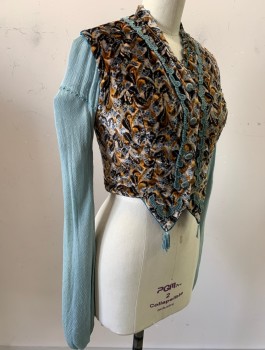 Womens, Historical Fiction Bodice, N/L MTO, Lt Blue, Mustard Yellow, Gray, Cotton, Abstract , W:24, B:32, Patterned Velvet with Light Blue Gauze Long Sleeves with Silver Dots, V-Neck, Boned Structure, Light Blue Fabric Buttons, Hidden Hook/Bar Closures, Made To Order