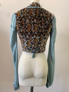 Womens, Historical Fiction Bodice, N/L MTO, Lt Blue, Mustard Yellow, Gray, Cotton, Abstract , W:24, B:32, Patterned Velvet with Light Blue Gauze Long Sleeves with Silver Dots, V-Neck, Boned Structure, Light Blue Fabric Buttons, Hidden Hook/Bar Closures, Made To Order