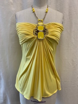 Womens, Top, SKY, Bronze Metallic, Rayon, Spandex, Solid, S, Halter, Gold Chain & Yellow Bead Straps, Gathered at Center By Gold & Yellow Metal Detail