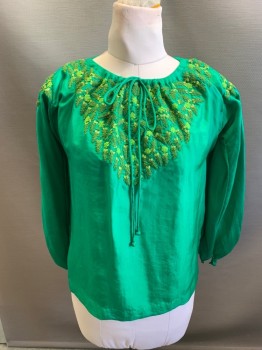 Womens, Historical Fiction Blouse, DIVYA ANAND, Shamrock Green, Sage Green, Olive Green, Chartreuse Green, Silk, Solid, Leaves/Vines , B38-40, Tie Neck, Self Cord, Leaf Embroidery, Self Button Cuffs,