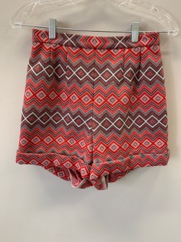 Womens, 1970s Vintage, Piece 2, NL, Red, Pink, White, Gray, Polyester, Zig-Zag , Diamonds, W: 26, Shorts, Zip Back, Cuffed, Made To Order