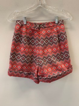 Womens, 1970s Vintage, Piece 2, NL, Red, Pink, White, Gray, Polyester, Zig-Zag , Diamonds, W: 26, Shorts, Zip Back, Cuffed, Made To Order