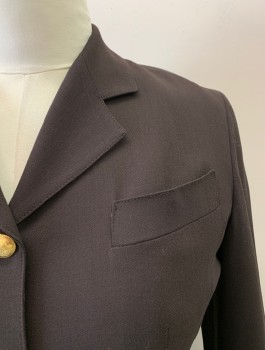Womens, 1990s Vintage, Suit, Jacket, EMANUEL UNGARO, Dk Brown, Wool, Solid, W28, B38, Single Breasted, Notched Lapel, 4 Gold Buttons, 1 Pocket, 2 Faux Pockets