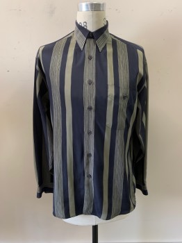 Mens, Casual Shirt, VICTOR CANAVATI, Dk Blue, Olive Green, Polyester, Stripes, M, C.A., Button Front, L/S, 1 Pocket,