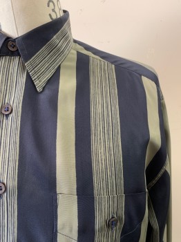 VICTOR CANAVATI, Dk Blue, Olive Green, Polyester, Stripes, C.A., Button Front, L/S, 1 Pocket,