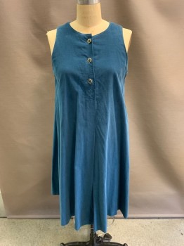 NL, Teal Blue, Cotton, Corduroy, Round Neck,  1/4 Button Front, Gold Border Buttons, Sleeveless, Hem Below Knee , Inverted Pleat At Front & Back