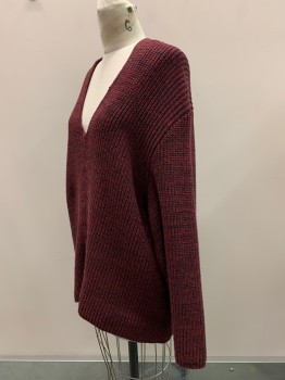 Womens, Pullover, URBAN OUTFITTERS, Red Burgundy, Red, Wool, 2 Color Weave, S, L/S, V Neck, Knit