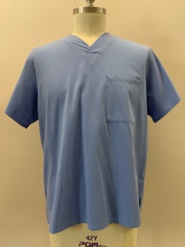 FUNDAMENTAL, French Blue, Polyester, Cotton, Solid, S/S, V Neck, Chest Pocket