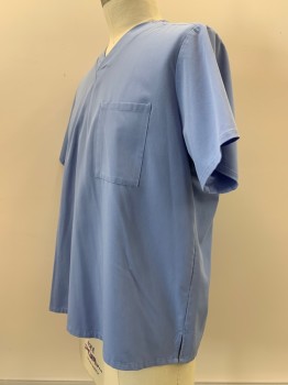 FUNDAMENTAL, French Blue, Polyester, Cotton, Solid, S/S, V Neck, Chest Pocket
