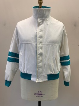 Mens, Athletic, SWINGSTER, White, Cotton, L, Jacket, Turtle Neck Folds To Collar, Turquoise Collar, Waist, Cuffs, & Stripes On Sleeves,, Zip Front, L/S,2 Pockets, *Yellow Stains