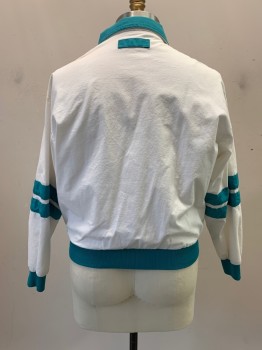 Mens, Athletic, SWINGSTER, White, Cotton, L, Jacket, Turtle Neck Folds To Collar, Turquoise Collar, Waist, Cuffs, & Stripes On Sleeves,, Zip Front, L/S,2 Pockets, *Yellow Stains