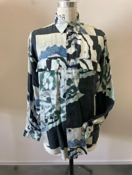 GOOCH, Black/Gray/Navy/Sage Abstract Printed Paisley Silk Jacquard, C.A., B.F., 1 Flap Pckt, L/S, with Button Cuffs