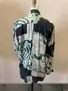 GOOCH, Black/Gray/Navy/Sage Abstract Printed Paisley Silk Jacquard, C.A., B.F., 1 Flap Pckt, L/S, with Button Cuffs