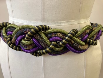 Womens, Belt, NL, Black, Green, Purple, Lt Brown, Navy Blue, Nylon, Stripes, Solid, W 30, Multi-color/pattern Ropes Braided, Gold Fish Hook Buckle