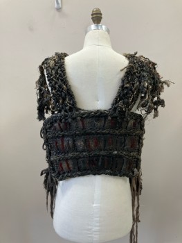 MTO, Black, Brown, Red, Hemp, Plastic, Geometric, Painted, Braided Straw And Twine with Bronze Toned Scales, Panels Stitched Together with Suede Ribbon, Irregular Fur Hem Attached To Front, Gauze Side Ties