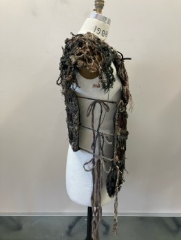 MTO, Black, Brown, Red, Hemp, Plastic, Geometric, Painted, Braided Straw And Twine with Bronze Toned Scales, Panels Stitched Together with Suede Ribbon, Irregular Fur Hem Attached To Front, Gauze Side Ties