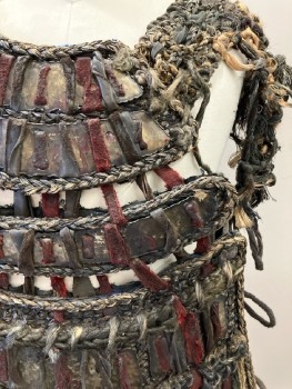 Mens, Historical Fict. Breastplate , MTO, Black, Brown, Red, Hemp, Plastic, Geometric, Adj., Ch:38 , Painted, Braided Straw And Twine with Bronze Toned Scales, Panels Stitched Together with Suede Ribbon, Irregular Fur Hem Attached To Front, Gauze Side Ties