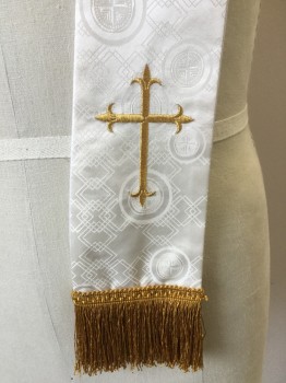 Unisex, Stole, MTO, Cream, Gold, Polyester, Cotton, Diamonds, Novelty Pattern, Cream with Self Stacking Diamond, Circle Print and Gold Cross Embroidery with Gold Fringes Trim, White Lining