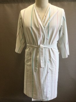 Unisex, Patient Robe, FASHION SEAL, White, Aqua Blue, Gray, Pink, Purple, Poly/Cotton, Stripes - Vertical , L, 3/4 Sleeve, 1 Pocket, Self Belt Attached at Sides