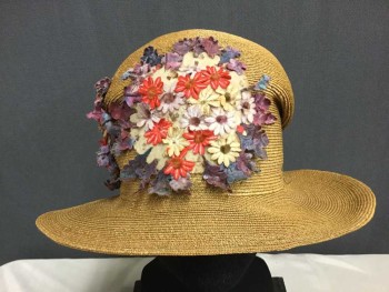 Womens, Hat, MTO, Tan Brown, White, Pink, Purple, Straw, Cotton, Solid, Floral, Cloche with Wool and Fake Flower Applique, Care Worn