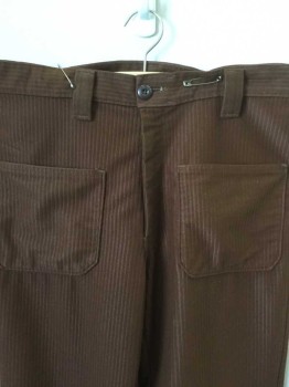 FARAH, Brown, Polyester, Solid, Ribbed, Piled Material (Like A Wide Wale Corduroy), Flat Front, Zip Fly, 1" Wide Belt Loops, Patch Pockets, Slight Boot Cut,