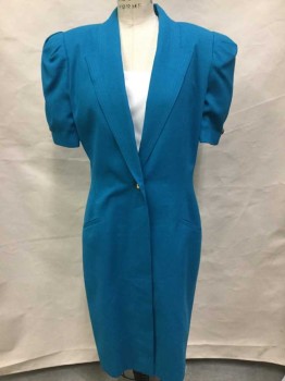 LESLIE FAY, Turquoise Blue, White, Polyester, Rayon, Solid, Short Sleeve, Button Front, Notched Collar, White Detachable Modesty Panel at Front with Button Closures, Puffy Sleeves with Large Shoulder Pads, 2 Hip Welt Pockets, Hem Below Knee,