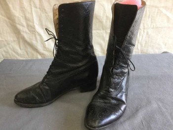 Womens, Boots 1890s-1910s, N/L, Black, Leather, Solid, 6, Perforated Cap Toe, High Ankle Lacing/Ties, Medium Low Heel
