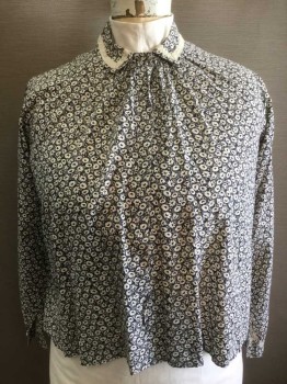 N/L, Midnight Blue, Cotton, Floral, with White Novelty Flower Pattern, Long Sleeves, Hook & Eye Closures At Center Front, Collar Attached, White 3/8" Wide Trim At Collar, Gathered At Neck Seam, Button Cuffs,