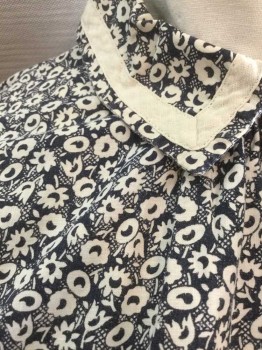 N/L, Midnight Blue, Cotton, Floral, with White Novelty Flower Pattern, Long Sleeves, Hook & Eye Closures At Center Front, Collar Attached, White 3/8" Wide Trim At Collar, Gathered At Neck Seam, Button Cuffs,