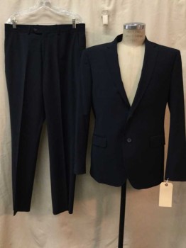Mens, Suit, Jacket, CALVIN KLEIN, Navy Blue, Wool, Synthetic, Solid, 40, Navy, Notched Lapel, 2 Buttons,  3 Pockets,