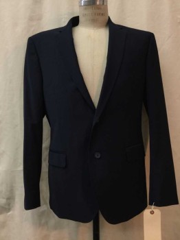 Mens, Suit, Jacket, CALVIN KLEIN, Navy Blue, Wool, Synthetic, Solid, 40, Navy, Notched Lapel, 2 Buttons,  3 Pockets,