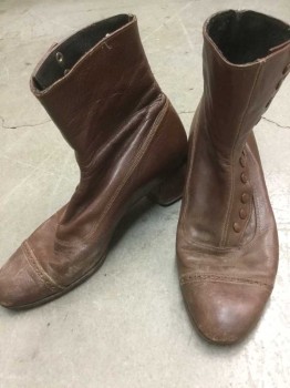 Womens, Boots 1890s-1910s, N/L, Brown, Leather, Solid, 8, Ankle Boots, Cap Toe, Hole Punch Edging Detail, Side Snap Closures, 2" Chunky Heel, **Scuffed At Ankles/Toes