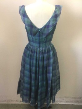 N/L, Blue, Teal Green, Cornflower Blue, Dk Blue, Silk, Check , Square Checked Pattern Sheer Chiffon, Opaque Teal Underlayer, Sleeveless, 2.5" Wide Folded Over Edge at Scoop Neck, Finely Gathered at Waist, Full Skirt, Hem Below Knee,