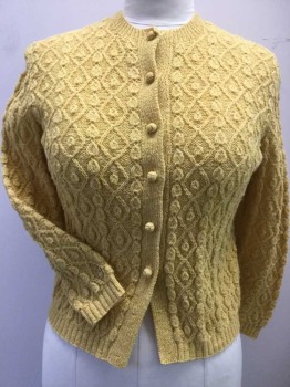Womens, Sweater, N/L, Mustard Yellow, Wool, Diamonds, Heathered, M, Cardigan, Heather Diamond Mustard Work with Self Ribbed Round Neck,  Front Center, Long Sleeves Cuffs & Hem, Button Front,