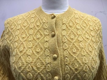 Womens, Sweater, N/L, Mustard Yellow, Wool, Diamonds, Heathered, M, Cardigan, Heather Diamond Mustard Work with Self Ribbed Round Neck,  Front Center, Long Sleeves Cuffs & Hem, Button Front,