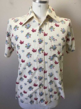 VAN HEUSEN, Beige, Lt Pink, Red Burgundy, Lt Blue, Lime Green, Cotton, Polyester, Floral, Beige with Light Pink, Burgundy, Blue Sky, Lime Floral Print, Collar Attached, Button Front, 1 Pocket, Short Sleeves with Maroon Top-stitches