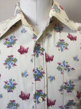 VAN HEUSEN, Beige, Lt Pink, Red Burgundy, Lt Blue, Lime Green, Cotton, Polyester, Floral, Beige with Light Pink, Burgundy, Blue Sky, Lime Floral Print, Collar Attached, Button Front, 1 Pocket, Short Sleeves with Maroon Top-stitches