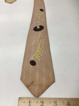 Mens, Tie, FANTASY IN SILK, Lt Beige, Dk Brown, Yellow, Off White, Silk, Abstract , Diamonds, Diamond and Zig Zag Weave, Abstract Yellow Funnelling Into Dark Brown Circles
