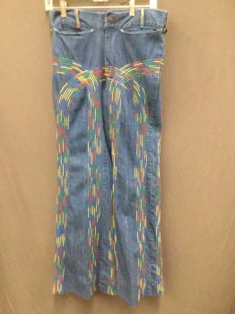 Womens, Jeans, N/L, Blue, Red, Yellow, Green, Cotton, Solid, Stripes, W 30, Bell Bottom Jeans with Rainbow Embroidered Novelty Lines, Zip Fly, High Waisted