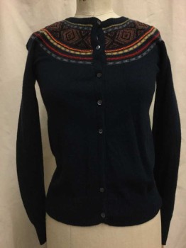 Womens, Sweater, LUCKY BRAND, Navy Blue, Gray, Red, Orange, Yellow, Wool, Beaded, Novelty Pattern, XS, Navy, Gray/red/yellow Novelty Stripes with Red & Orange Beaded Stripes, Button Front,