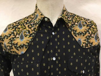 Mens, Western, VALDROME, Black, Yellow, Orange, Blue, White, Cotton, Paisley/Swirls, Floral, CH 52, Black, Yellow/ White Novelty Print, Yellow/ Orange/ Blue/ White Paisley/ Floral Print Yolk & Collar Attached, Snap Front,  Long Sleeves, 2 Flap Pockets