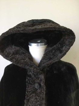 Womens, Cape/Poncho, BORGAZIA, Black, Brown, Faux Fur, Solid, O/S, Black Cape with Brown Textured Faux Fur Trim, Hood, 2 Side Seam Arm Holes, Fabric Florette and Enamel Buttons, Hem Below Knee, Wired Brim on Hood,