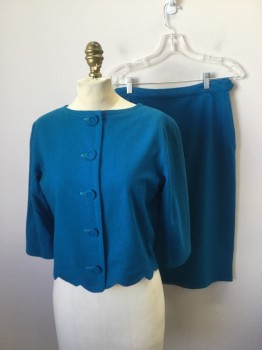 Womens, 1960s Vintage, Suit, Jacket, N/L, Turquoise Blue, Wool, Viscose, Solid, W25, B36, Wool Jersey. 5 Covered Button at Center Front,  Crew Neck, 3/4 Sleeves. Scalloped Hemline. Small Moth Holes at Back