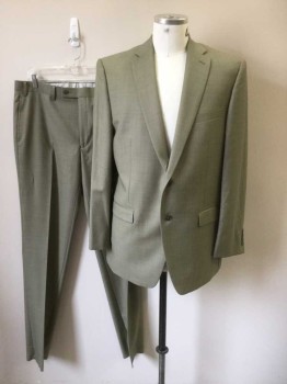 CALVIN KLEIN, Taupe, Wool, Solid, Single Breasted, Collar Attached, Notched Lapel, 2 Buttons,  3 Pockets