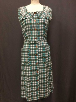 N/L, Green, Cream, Kelly Green, Black, Yellow, Cotton, Plaid, Floral, Sleeveless, Plaid W/Tiny Yellow + Brown Flowers, Shirtwaist W/Amber Starbust Cutout Buttons, Square Collar W/White Embroidery, 2 Hip Pockets, Aline, Hem Below Knee, Early 1960's  **W/Matching Self Fabric Belt